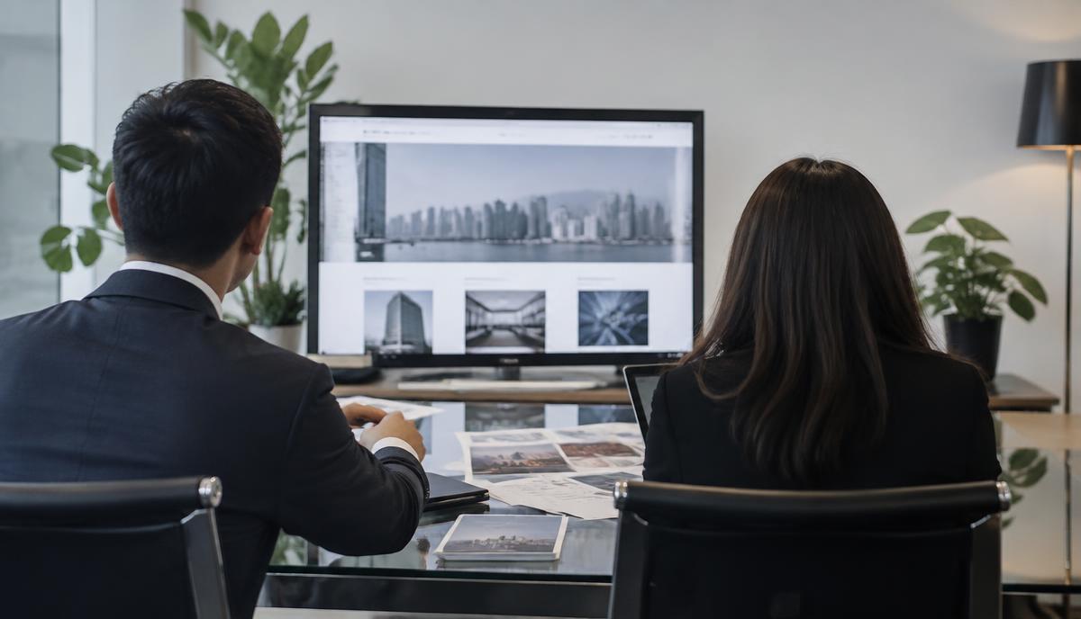 Dua profesional meninjau tampilan website company profile perusahaan di layar besar ruang rapat