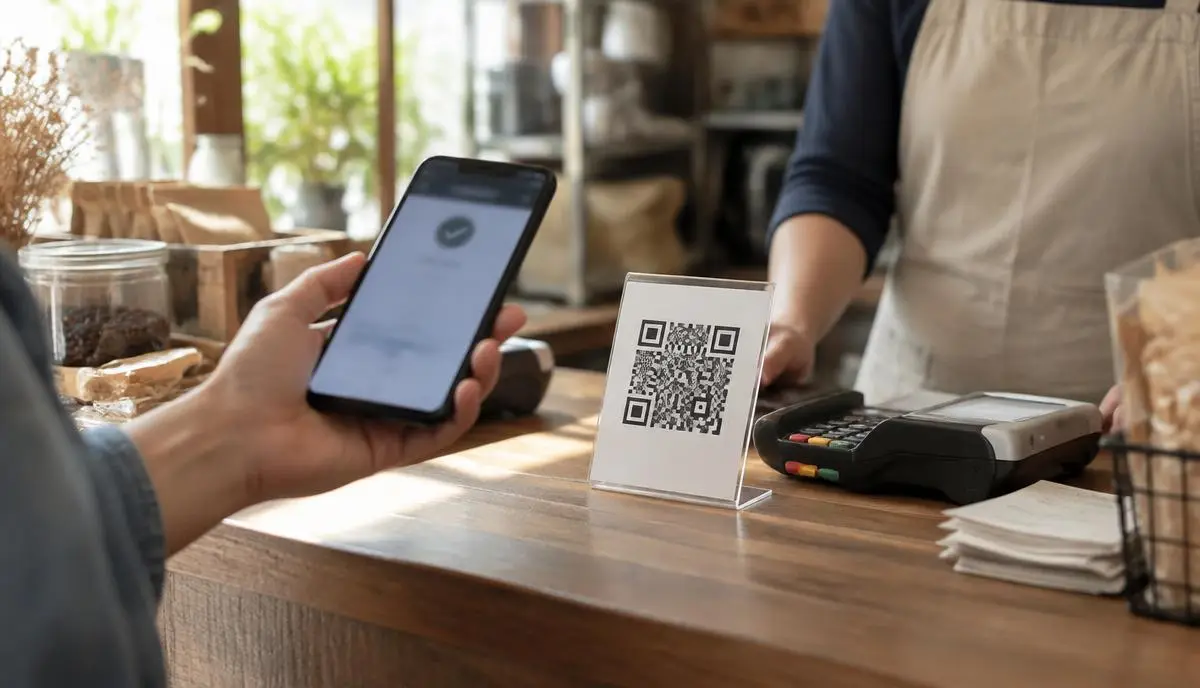 Pembeli memindai kode QRIS di meja kasir toko untuk pembayaran pesanan online
