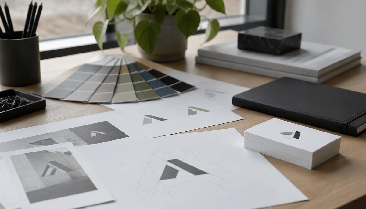 Foto meja studio desain dengan sketsa logo, kartu nama, dan kipas warna untuk proses branding