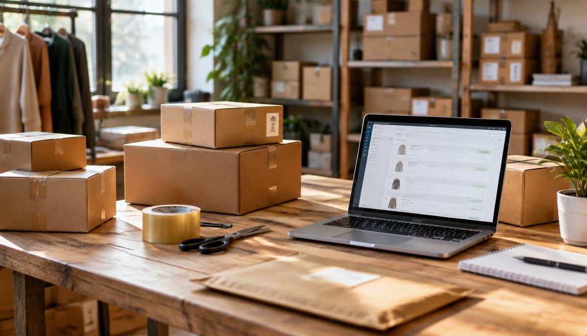 Foto area pengemasan brand lokal dengan paket siap kirim dan laptop menampilkan daftar pesanan toko online