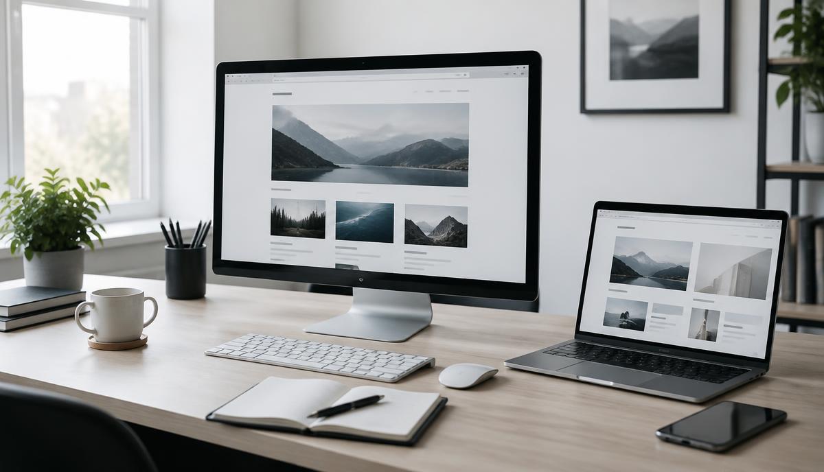 Foto meja kerja dengan monitor besar menampilkan tampilan website modern dan laptop di sampingnya