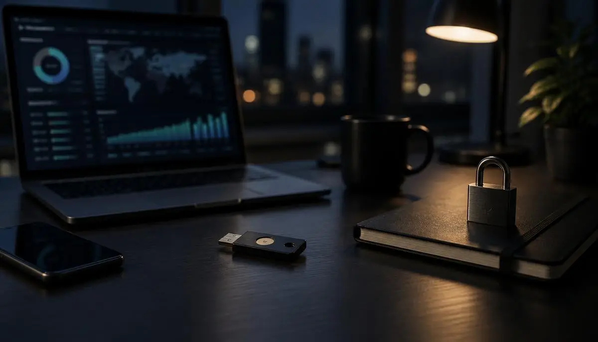 Meja kerja malam hari dengan laptop menampilkan pemantauan keamanan website dan kunci pengaman