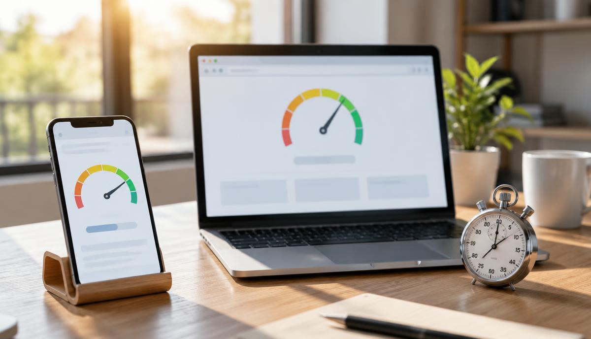 Laptop dan ponsel menampilkan pengukuran kecepatan membuka halaman website di meja kerja