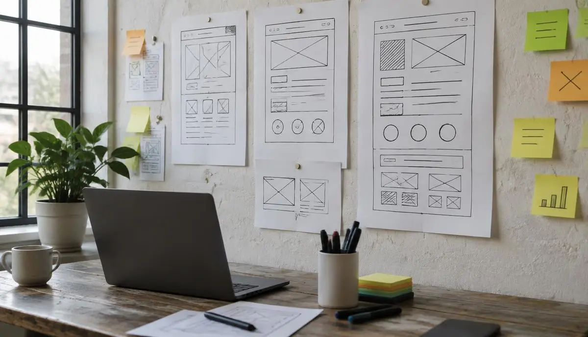 Sketsa rancangan struktur landing page ditempel di dinding studio di samping laptop