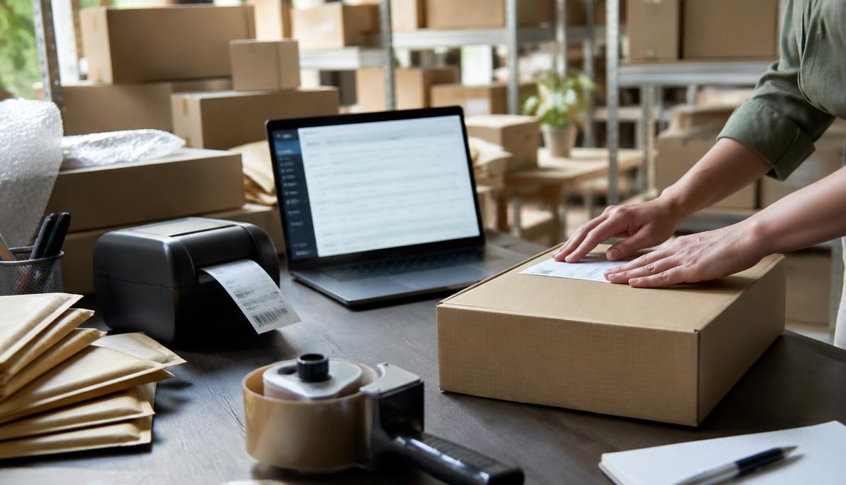 Meja pengemasan brand dengan paket siap kirim dan laptop menampilkan daftar pesanan toko online